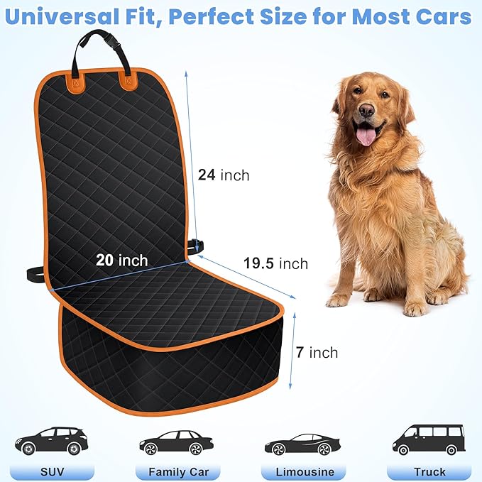 ELONGRIVER Dog Car Seat Covers, Waterproof Front Seat Cover for Dogs, Scratch-Proof, Nonslip Pet Passenger Seat Cover Protector, Universal Fit for Cars Trucks SUVs, Standard Size, Black with Orange