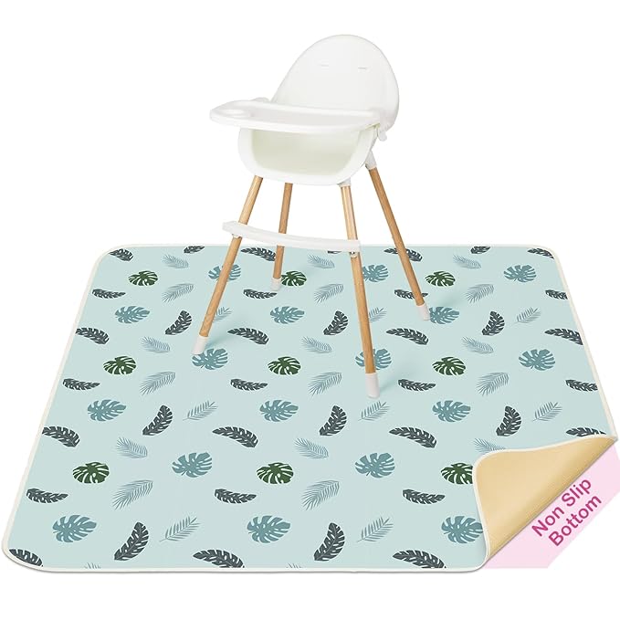 Basumee Splat Mat High Chair Mat Waterproof Baby Play Splat Mat for Under High Chair Food Catcher Highchair Mat for Floor Non Slip Bottom, Blue Leaves, 51x51 Inches