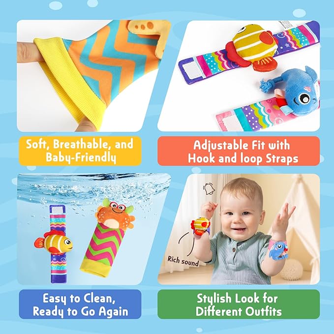 URMYWO Wrist Rattles for Baby - Rattle Socks - Foot Finder Set - Baby Toys for 0-12 Months Infant - Newborn Essentials - Early Learning Sensery Toys for Boys and Girls as Shower Gifts Stocking Stuffer