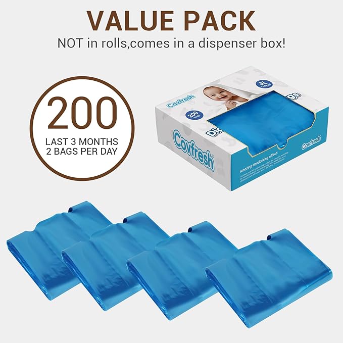 Odor Sealing Diaper Disposable Bags with Tie Handle, 200 count | Large Capacity, Unscented & Durable Diaper Trash Bags for Home & Baby Travel Use (Color:Blue)