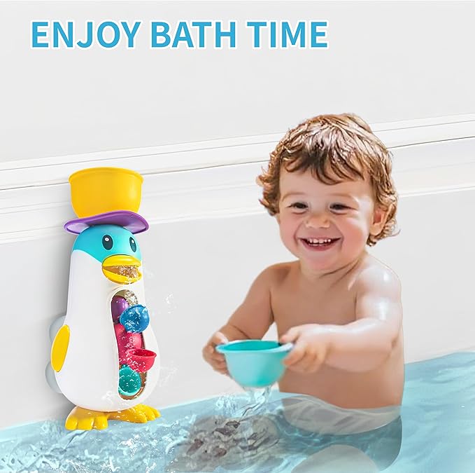 Bath Toys for Kids Ages 1-3, Toddlers Waterfall Bathtub Toys with Suction Cups, Penguin Kids Bath Toys with Rotatable Waterwheel, Birthday Gift for Boys Girls
