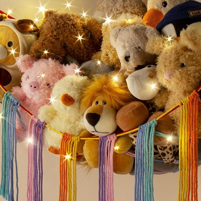 Stuffed Animal Storage Hammock Corner X-Large with LED Light - Baby Hammock Hanging Holder Plushies Net for Stuff Animals Organizer - Cute Room Decor Aesthetic Kids Toddler Nursery Bedroom