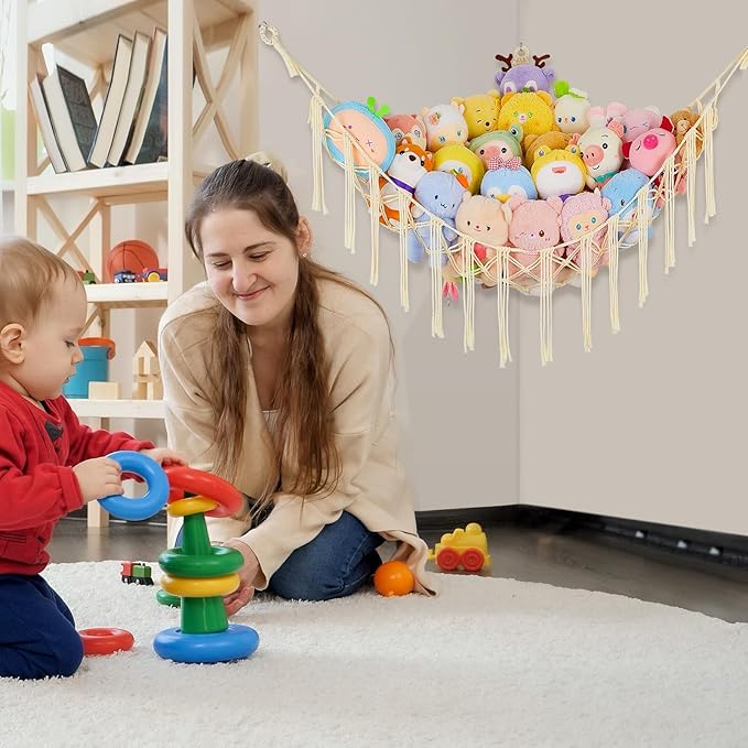Basumee Stuffed Animals Net or Hammock with LED Light, Hanging Stuffed Animals Storage Toy Hammock Net Corner Wall Girls Room Decor Toy Storage Organizer, Cream, L