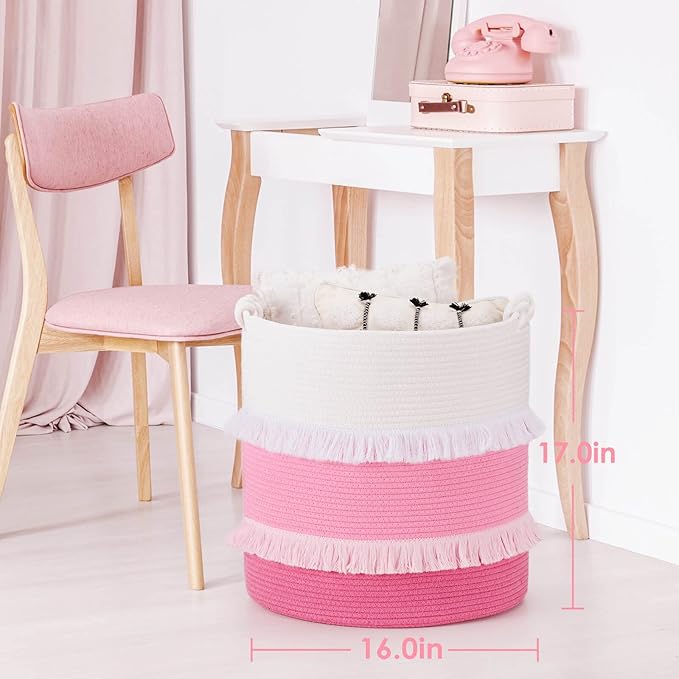 CherryNow Extra Large Woven Storage Baskets – 16'' x 17'' Cotton Rope Decorative Pink Hamper for Nursery, Toys, Blankets, and Laundry, Cute Tassel Nursery Décor for Baby & Girl