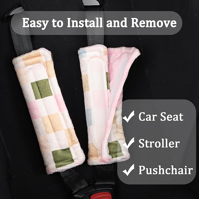 DILIMI Baby Car Seat Belt Covers, 2Pcs Carseat Shoulder Strap Pads, Soft Minky Car Seat Neck Covers, Newborn Car Seat Strap Protectors, Stroller Strap Covers for Baby Kids, Colorful Checkered