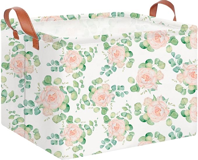 HKEC Rectangle Storage Basket with Handles,Collapsible Toys Bin,Books Box,Gift Basket(Watercolor Rose)