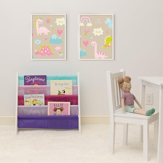 Humble Crew 4-Tier Kids Bookshelf, White/Pink/Purple/Blue - Premium Book Shelf for Kids Rooms with Four Deep Pockets - Toddler Sling Book Rack with Deep Sleeves, Nursery Bookcase Organizer