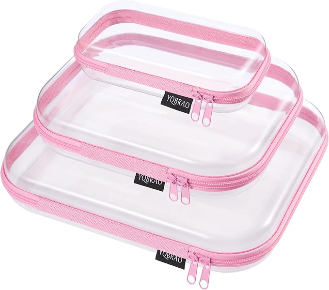 3 Pack Hard Sided Clear Zipper Case for Storage- Thickened-Grade Clear Hard Shell Zipper Case for Organizing Bead, Handicrafts, Sewing, Playdoh (Pink, LMS)