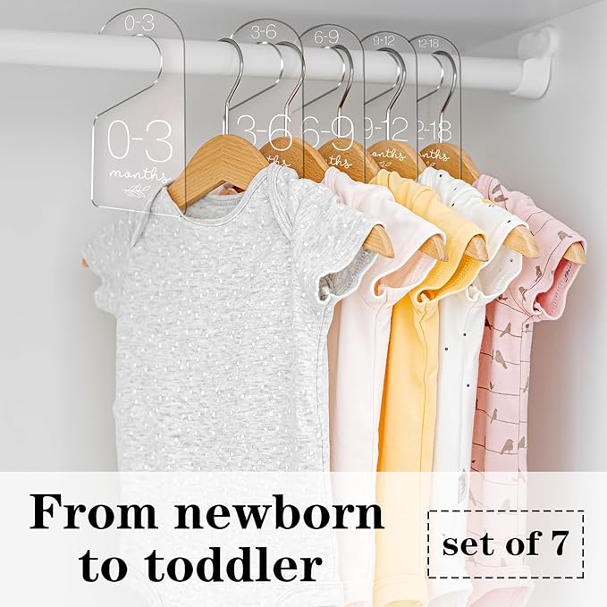Whaline 7Pcs Baby Closet Size Dividers Clear Acrylic Infant Clothes Hanger Separators Newborn to 24 Month Thicken Wardrobe Hanger Organizers for Home Nursery Baby Clothing, 3.5 x 7Inch