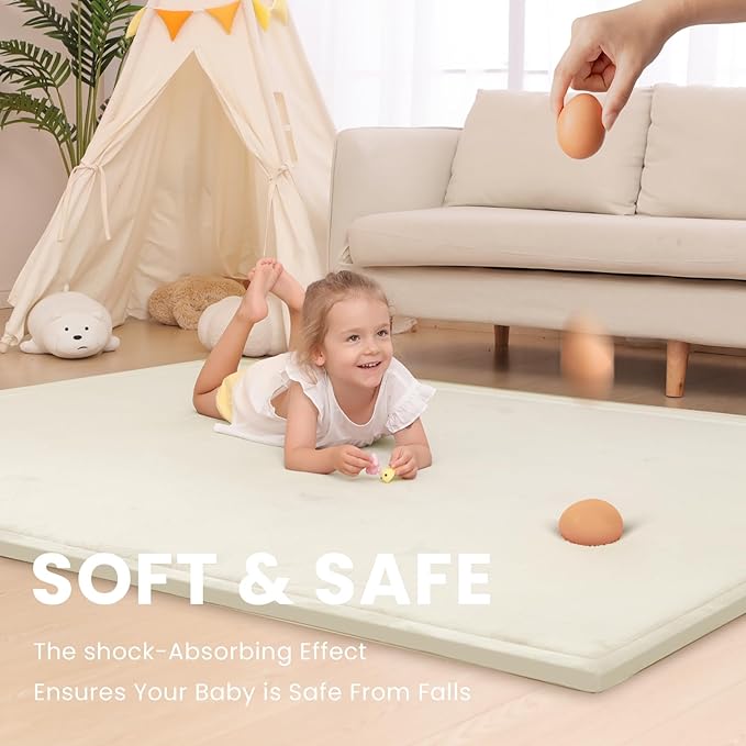 Extra Large 79"x118" Baby Activity Play Mat for Floor, 1.3" Thick Elasti Foam for Tummy Time & Crawling, Non-Slip Nursery Rug for Infants, Toddlers & Kids, Tatami Style Mat for Yoga, Living Room, Classroom & Playroom(Cream)