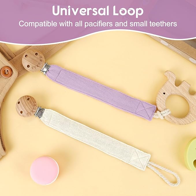 TYRY.HU Ribbon Baby Pacifier Clip Holder, 2 Pack Binky Paci Holder Clips, Pacifier Leash, Universal Binky Leash, Creamy White & Purple