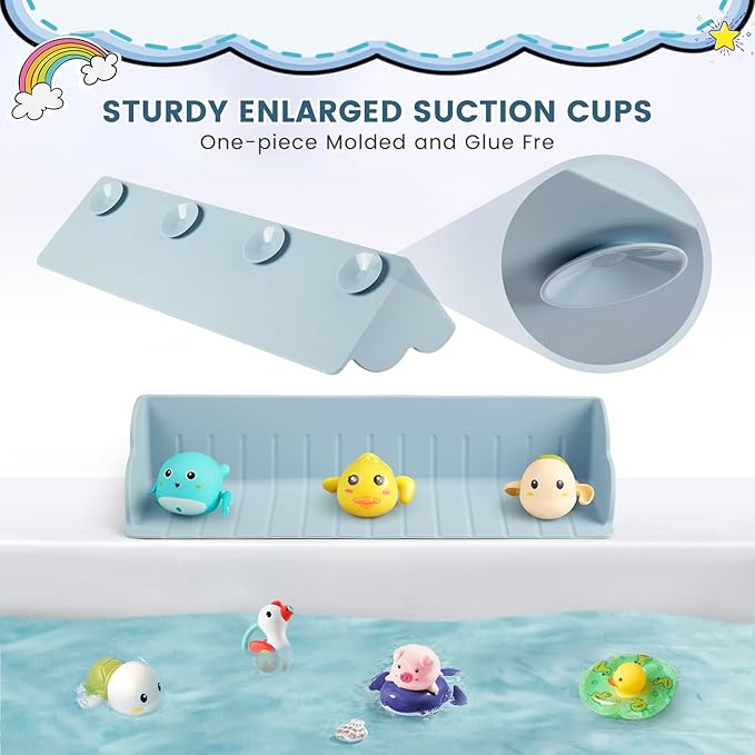 Bathtub Splash Guard for Tub, Silicone Bathtub Caddy Tray with Play Shelf, Kids Bath Tub Shelf and Organizer for Baby Bath Toys, Bath Toy Holder, Toddler Bathtub Accessories(Classic Blue)