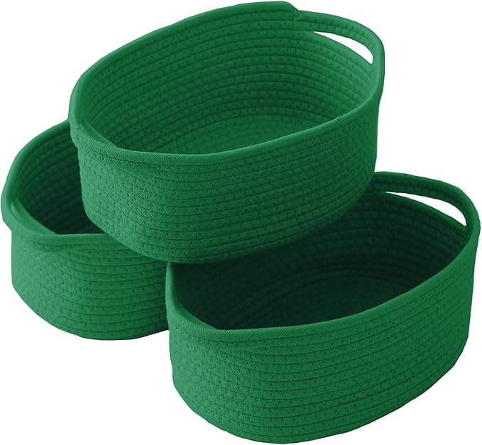 JMvicyroam Woven Basket,Small Rope Storage Bin with Handles & Ribbon Bag, Organizer for Shelves Closets,Gift Basket Empty for Birthday,Books,Dog Toys, Green/3 Pack