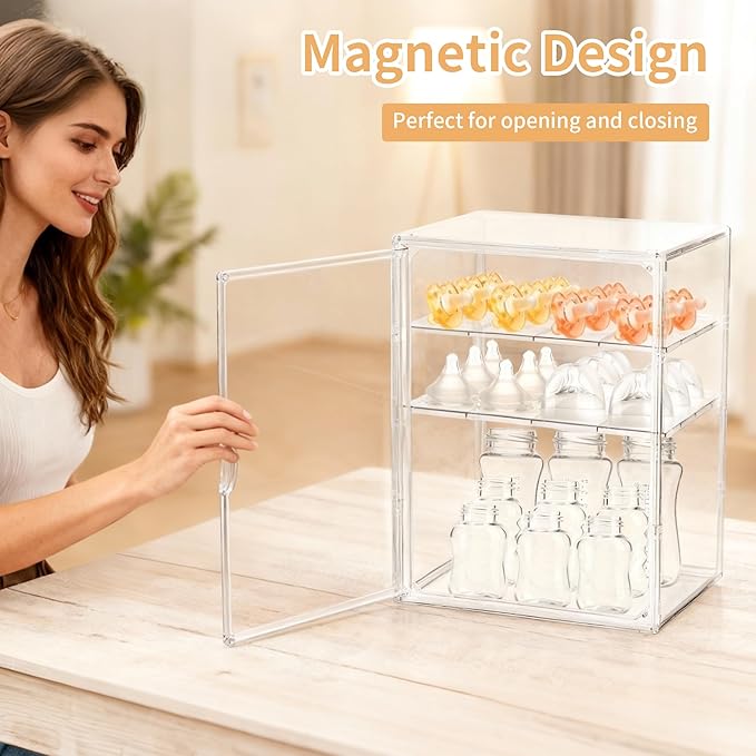 Lifelongpal Baby Bottle Organizer, 3-Tier Clear Bottle Station Organzier for Countertop Cabinet, Acrylic Storage Organizers Container with Magnetic Door for Bottles, Pacifiers, Pump Parts