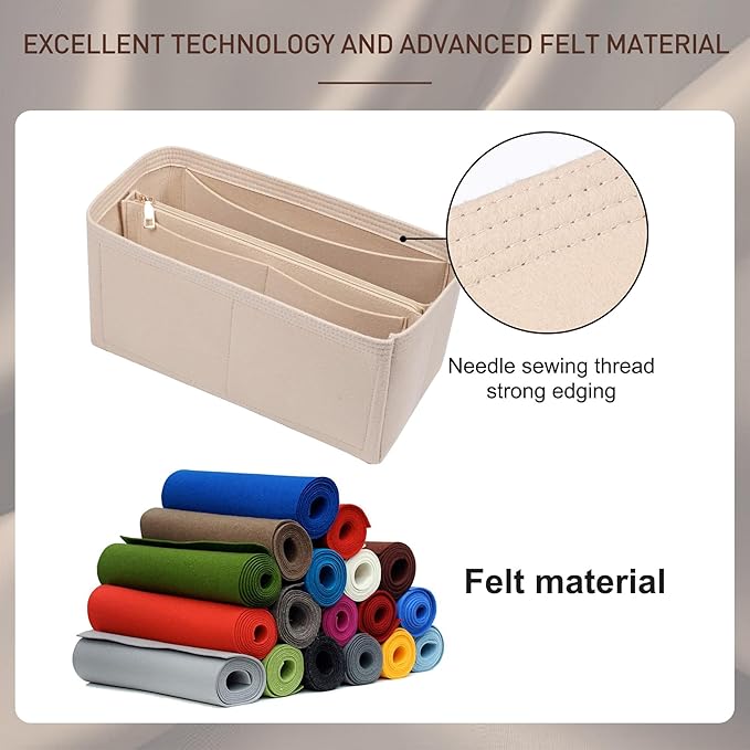 Doxo Purse Organizer Insert for Handbags & Base Shaper 2pc Set with Zipper, Felt Bag Organizer for Tote, Purse Organizer for LV Speedy 25, Neverfull PM, Le Pliage S Handbag and More(Beige-006)