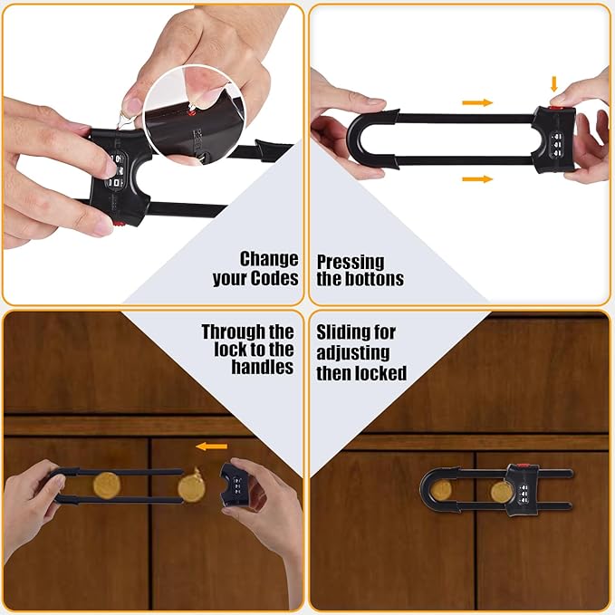 4 Packs Sliding Cabinet Locks, Baby Proofing U-shaped Child Safety Latches Adjustable White Locks For Handles Knobs Drawers - Black