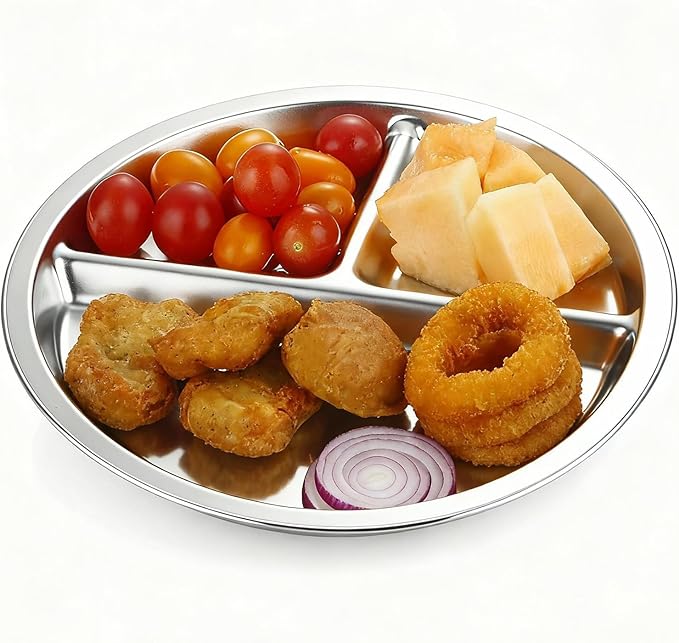 PandaEar 3 Pack Stainless Steel Divided Plates for Kids, 8.1” Portion Control Plates with 3 Compartments, Reusable Metal Dishes for Balanced Meals, Camping & Home Use (3, Silver)