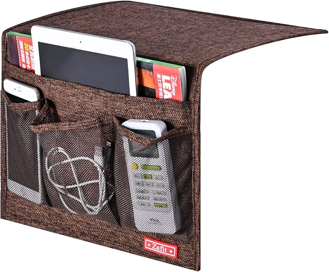 Linen 4 Pockets Bedside Caddy, Bedside Storage Organizer for Magazine, Remotes, Phone (Coffee, Classic 4 Pockets)