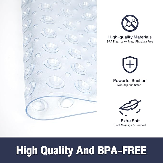 Extra Long Clear Bathtub Mat Non Slip, Soft Bath Mat for Tub 40 x 16 Inch Full Size, Bath Tub Shower Mats for Bathroom Floor with Big Suction Cups and Drain Holes, Easy Washable, BPA Free
