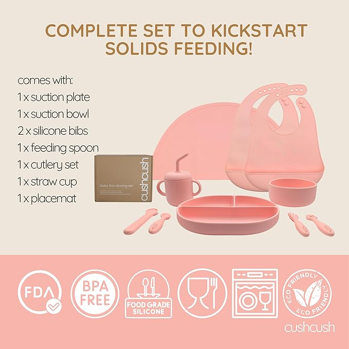 Silicone Baby Feeding Set, Baby Led Weaning Supplies, First Stage Solid Food eating Utensils, Divided Suction Plate, Bowl, Bibs, Sippy Cup, Placemat - 6+ months Newborn Gift (Blush Pink)