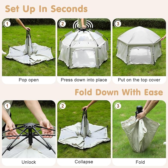 Zooawa Pop Up Playpen for Baby, Portable Playpen for Babies and Toddlers with Removable Sun-Shades& 2 Side UV Covers, Lightweight Outdoor Baby Play-Pen for Beach Home with Travel Bag, Beige