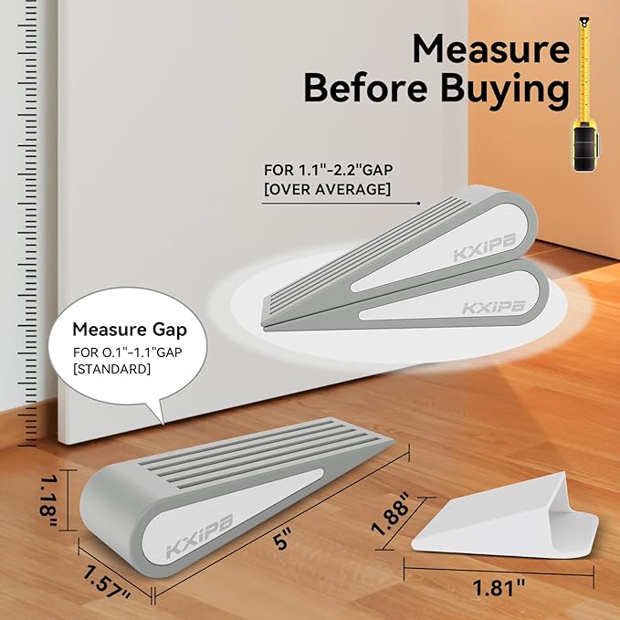 4 Pack Rubber Door Stopper Wedge - Grey Non-Slip Soft TPR High-Elastic & Zinc Alloy Metal Material Door Stops for Bottom of Heavy Duty Door Wall Protector for Home & School with Self Adhesive Holder