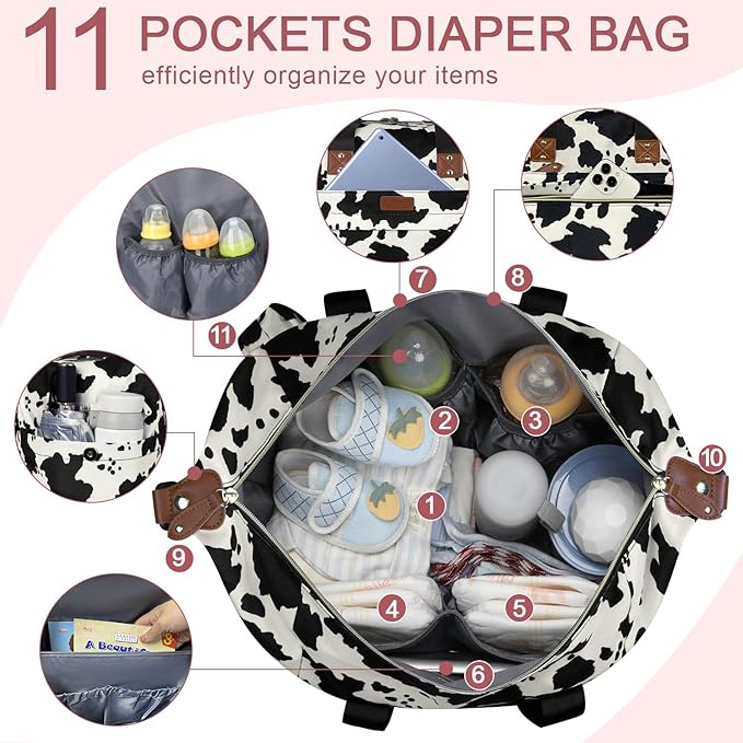 Pritent Diaper Bag Tote - Diaper Baby Bags with Pacifier Case, Shoulder Straps, Stroller Clips, Waterproof Large Mommy Maternity Bag Travel Baby Bag for Mom and Dad, Cowprint, Medium