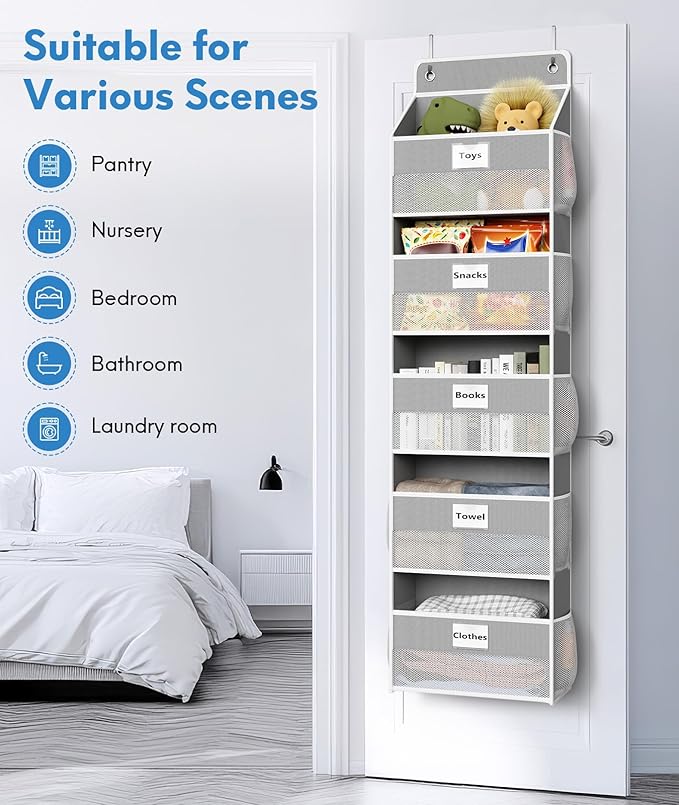Over The Door Organizer Hanging, 2 Pack 5 Shelf Behind The Doors Storage, Pantry Door Organizer, Closet Organizers for Bedroom and Nursery (Grey)