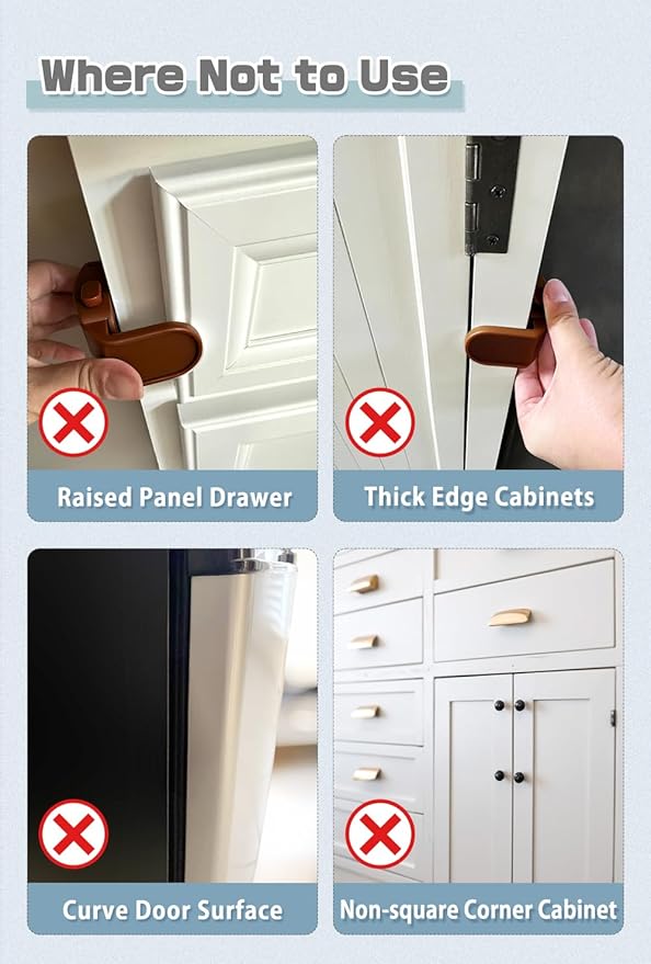 Maveek Baby Proofing Drawer Locks 4 Pack, Corner Safety Latches for Cabinets, Dressers, Kitchen & Bathroom Drawers, Childproof for Infants 0-12 Months, Fits Thin Edge Furniture (Brown)