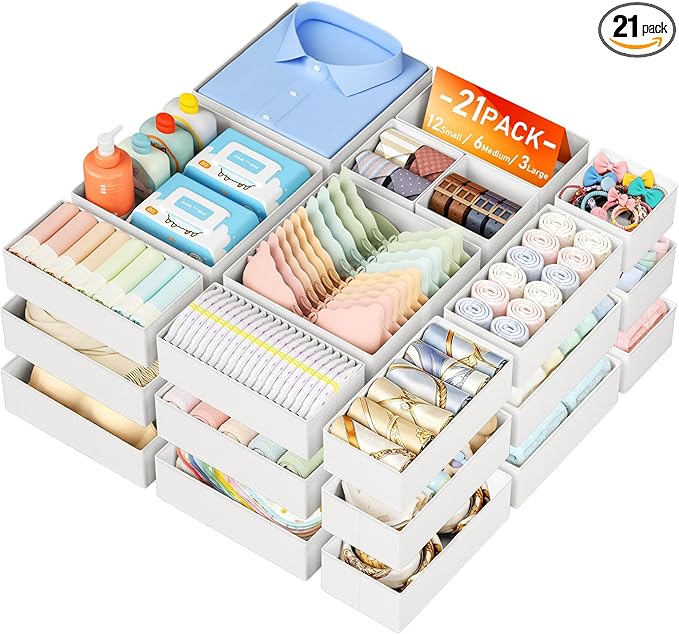 DIMJ Drawer Organizer Clothes Storage - 21 Pack Baby Dresser Organizer for Nursery Closet Organization, Fabric Drawer Organizer Bins for Underwears Socks Bras, Foldable Storage Dividers for Bedroom
