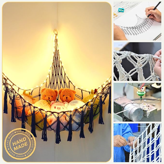 Stuffed Animal Hammock, 55in Storage Macrame Hammock with 75LEDs, Hanging Net for Kids Bedroom Doll Room Corner Organizer, USB Powered Plush Animal Storage Net with Remote (Dark Blue, XL)