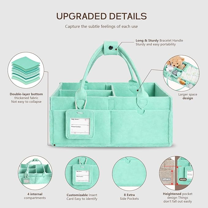 GEMII Diaper Caddy Organizer-Large Baby Caddy Organizer with Handle, Newborn Registry Essentials, Baby Shower Basket Gifts for Boys or Girls (Green, Large)