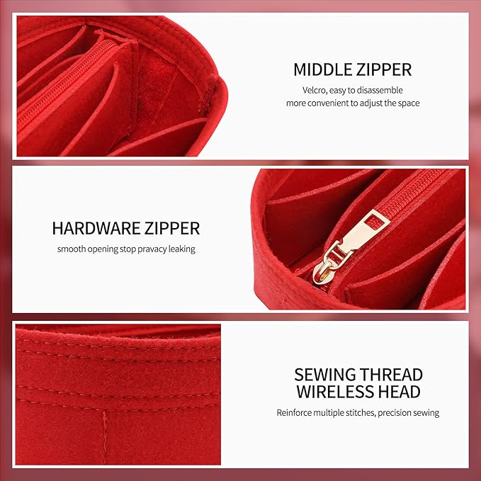 Doxo Premium Felt Purse Organizer Insert, 7 Compartments with Removable Zipper Pocket | Small Purse Organizer Fits LV Speedy 20, Noé BB, Mini Ophidia Tote, Groove 20 & More Bag Organizer Insert (Red)