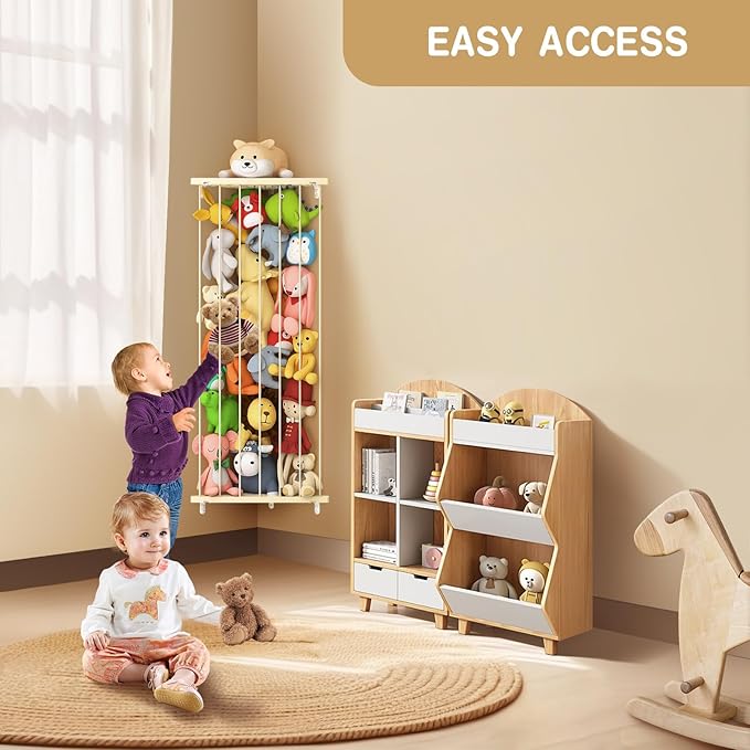 Stuffed Animal Storage Toy Organizer(Patented) - Large Corner Stuffed Animal Holder Length Adjustable - Wall Plush Storage for Nursery Playroom Bedroom Kids Room (Beige)