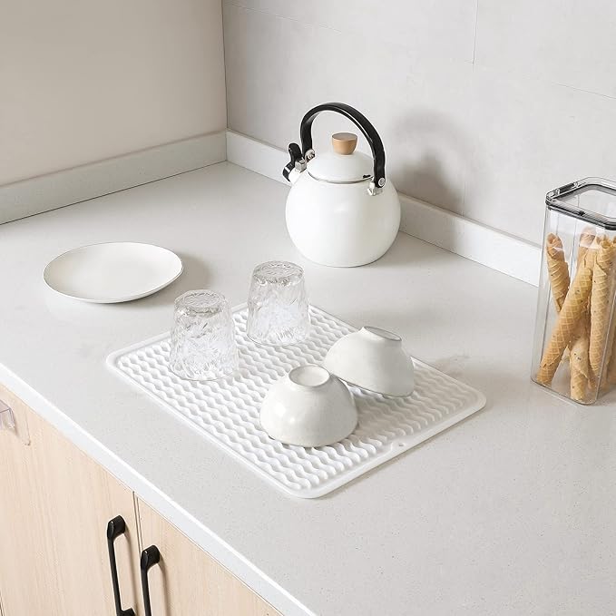 MicoYang Silicone Dish Drying Mat for Multiple Usage,Easy clean,Eco-friendly,Heat-resistant Silicone Mat for Kitchen Counter or Sink,Refrigerator or drawer liner White L 16 inches x 12 inches