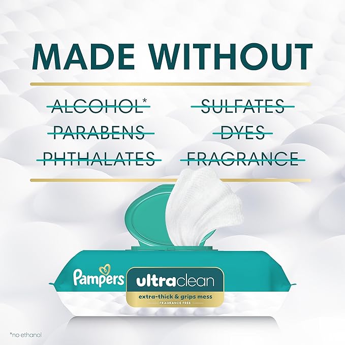 Pampers Ultraclean Baby Wipes (Previously 'Free & Gentle'), 99% Water, Hypoallergenic, Unscented, 100% Plant Based, Plastic-Free, 624 Wipes Total (8X Flip-Top Packs)