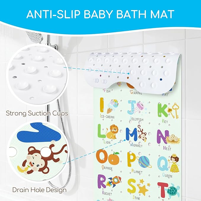 Omedecal Baby Bath Mat for Tub, Non Slip Kids Bath Shower Mat, 40 X 16 Inch Large Bathtub Mat with Drain Holes and Suction Cups for Toddlers, Machine Washable and Waterproof (Alphabet)