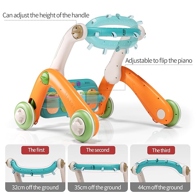 Jovow 2 in 1 Baby Gym with Walker,Baby Play Mat with 5 Infant Learning Sensory,Double-Sided Multifunctional Removable Play Piano Panel,Sit-to-Stand Learning Walker for 0-24 Months Boy Girl [Orange]