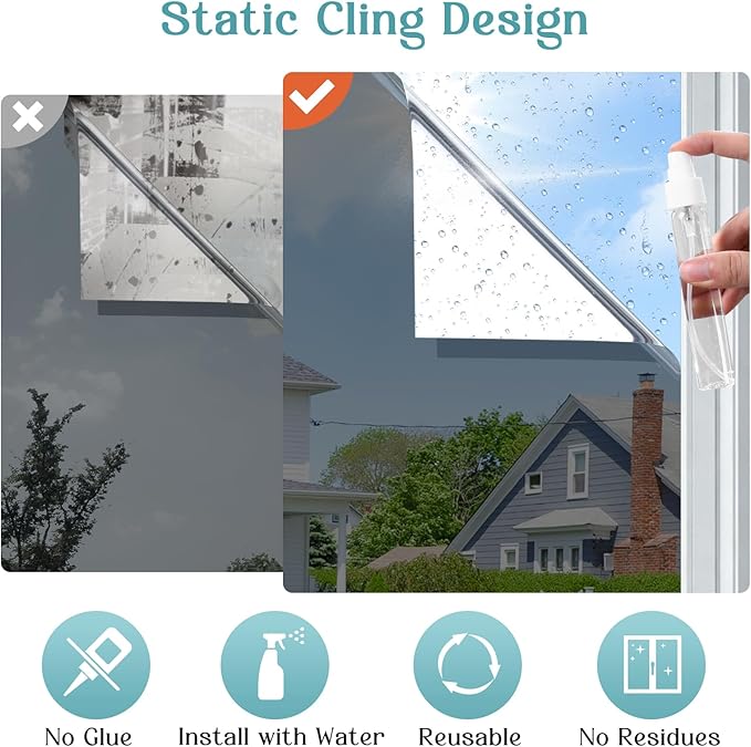 Haton Window Privacy Film One Way Window Tint for Home, Sun UV Blocking Heat Control Reflective Mirror Film, No Glue Static Cling See Out Not in Glass Door Covering, Black Silver, 35.4" x 157.4"