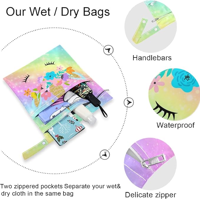 visesunny Unicorn Galaxy Fantasy Rainbow 2Pcs Wet Bag with Zippered Pockets Washable Reusable Roomy for Travel,Beach,Pool,Daycare,Stroller,Diapers,Dirty Gym Clothes, Wet Swimsuits, Toiletries
