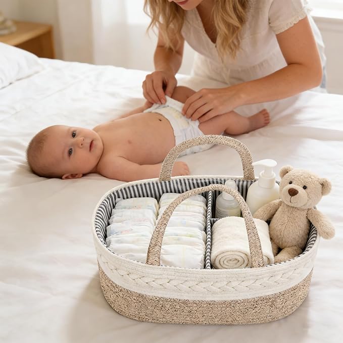 Diaper Caddy Organizer, Cotton Rope Baby Basket for Nursery and Changing Table, Portable Diaper Caddy with Removable Divider for Newborn Parents, Home and Car Travel, White and Brown