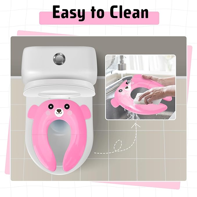 Maliton Travel Potty Training Seat for Toddler, Portable Foldable Potty Seat Cover Fits Round & Oval Toilets, Non-Slip Toilet Seat with Free Travel Bag(Pink Bear)
