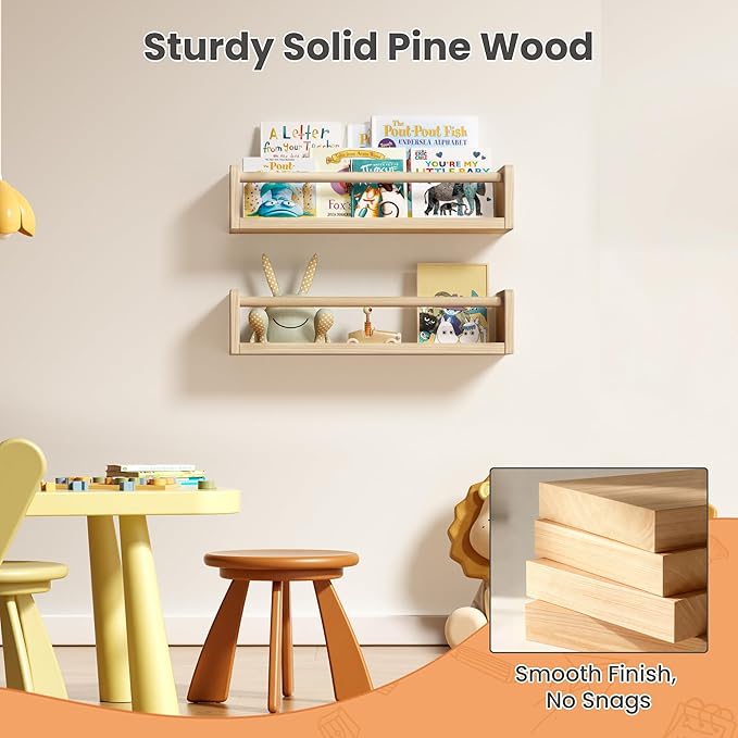 upsimples 2 Pack Nursery Book Shelves, 15.7 Inch Floating Bookshelves for Wall, Baby Nursery Decor, Small Solid Wood Wall Mounted Shelves for Baby Kids Boys Girls, Natural