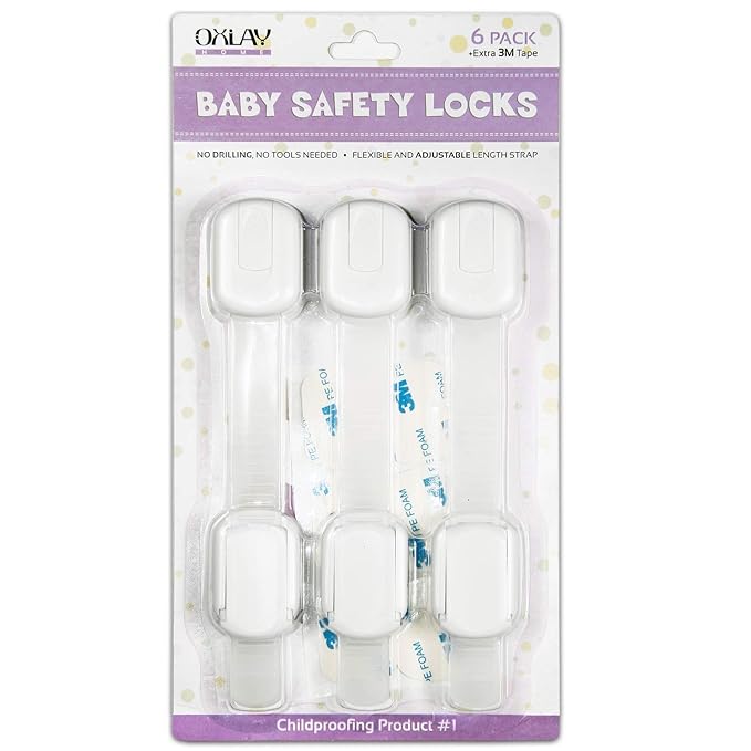 Baby Proofing Safety Cabinet Locks - Child Proof Latches for Dresser Drawer Cupboard Doors Closet Oven Refrigerator Fridge - Adjustable Childproof Straps by Oxlay - White - 6 Pcs