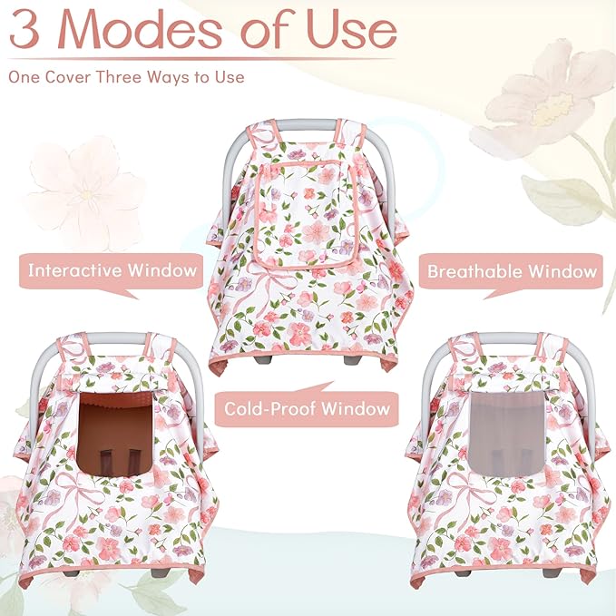 Baby Carseat Seat Cover Girls, Winter Carseat Canopy, Cozy & Warm Cover with Zipper Peep Windows, Infant Minky Carrier Cover, Soft Breathable, Baby Must Have, Pink Bow