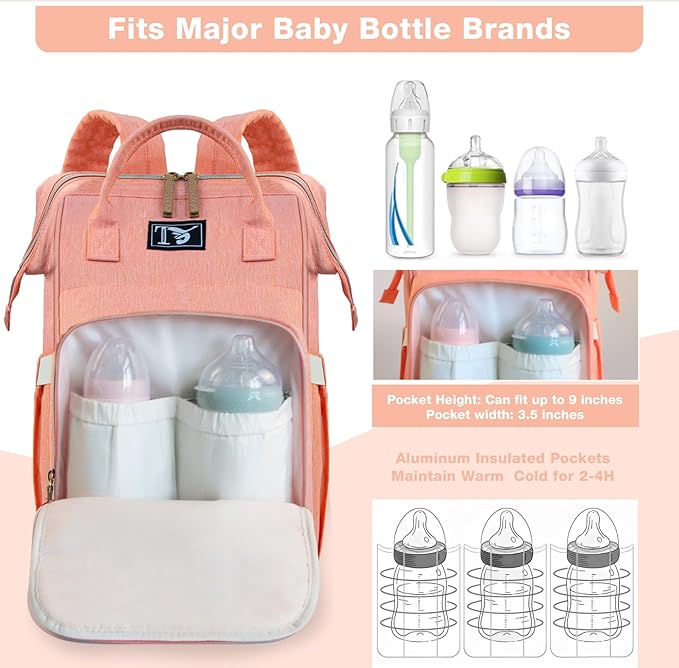 Packino Diaper Bag Backpack for Women - Multifunction Travel Essentials Baby Diaper Bag with Changing Pad, Large Backpack Baby Girl Boy, Insulated Bottle Holders & Stroller Straps (Pink+Orange)