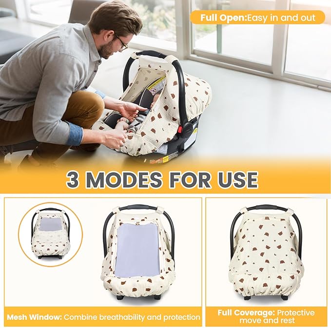 Orzbow Cotton Baby Car Seat Cover, Breathable Car Seat Canopy for Girls Boys with Mesh Window, Lightweight Baby Carrier Cover for Wind, Dust, Sun and Insects Protection, Universal Fit, Beige