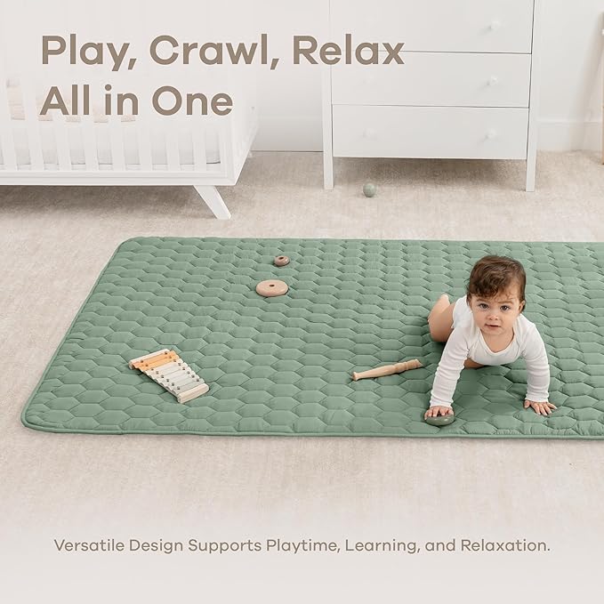 Comfy Cubs Rectangle Kids Play Mat - Medium 48 x 72 inches Soft Quilted Baby Floor Mat with Non-Slip Bottom - Plush Design for Toddlers Playtime - Comfortable and Durable - Fern