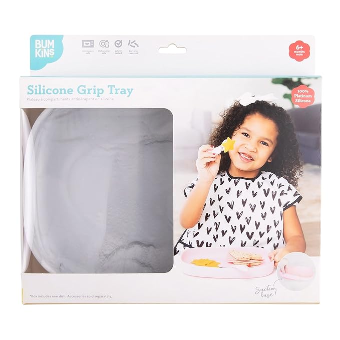 Bumkins Toddler and Baby Suction Plate, Silicone Grip Dish Large Tray for Big Kids, Fits Most Highchairs, Essential Children Feeding Supplies, Non Skid Sticky Bottom, Platinum Silicone, Marble