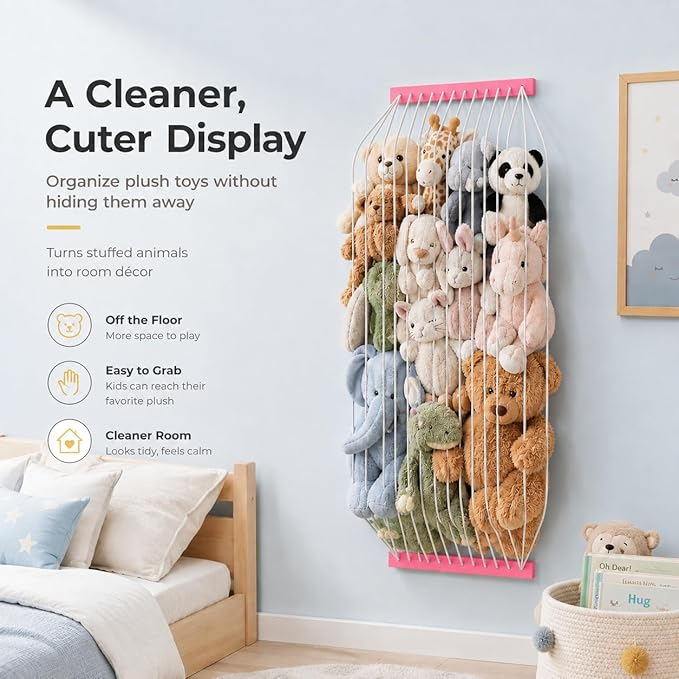 Stuffed Animal Storage Wooden Soft Toy Storage for Kids Room，Wall Mount Door Hanging Stuffed Animal Toy Organizer Shelf for Nursery Play Room Pink -Patent